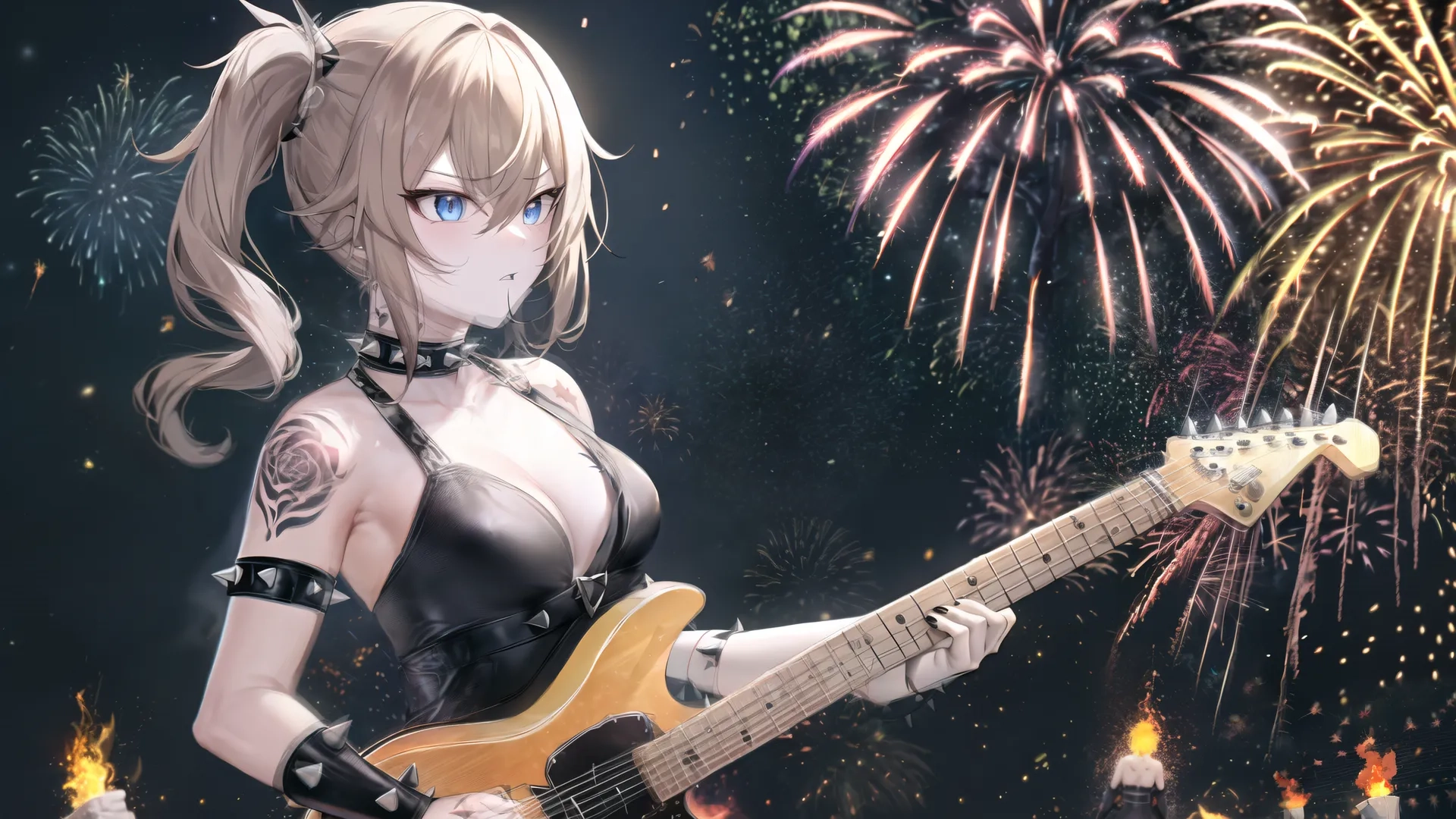 an anime is playing around with fireworks in the background and a guitar dressed as a rock artist playing a sound board for the tv series