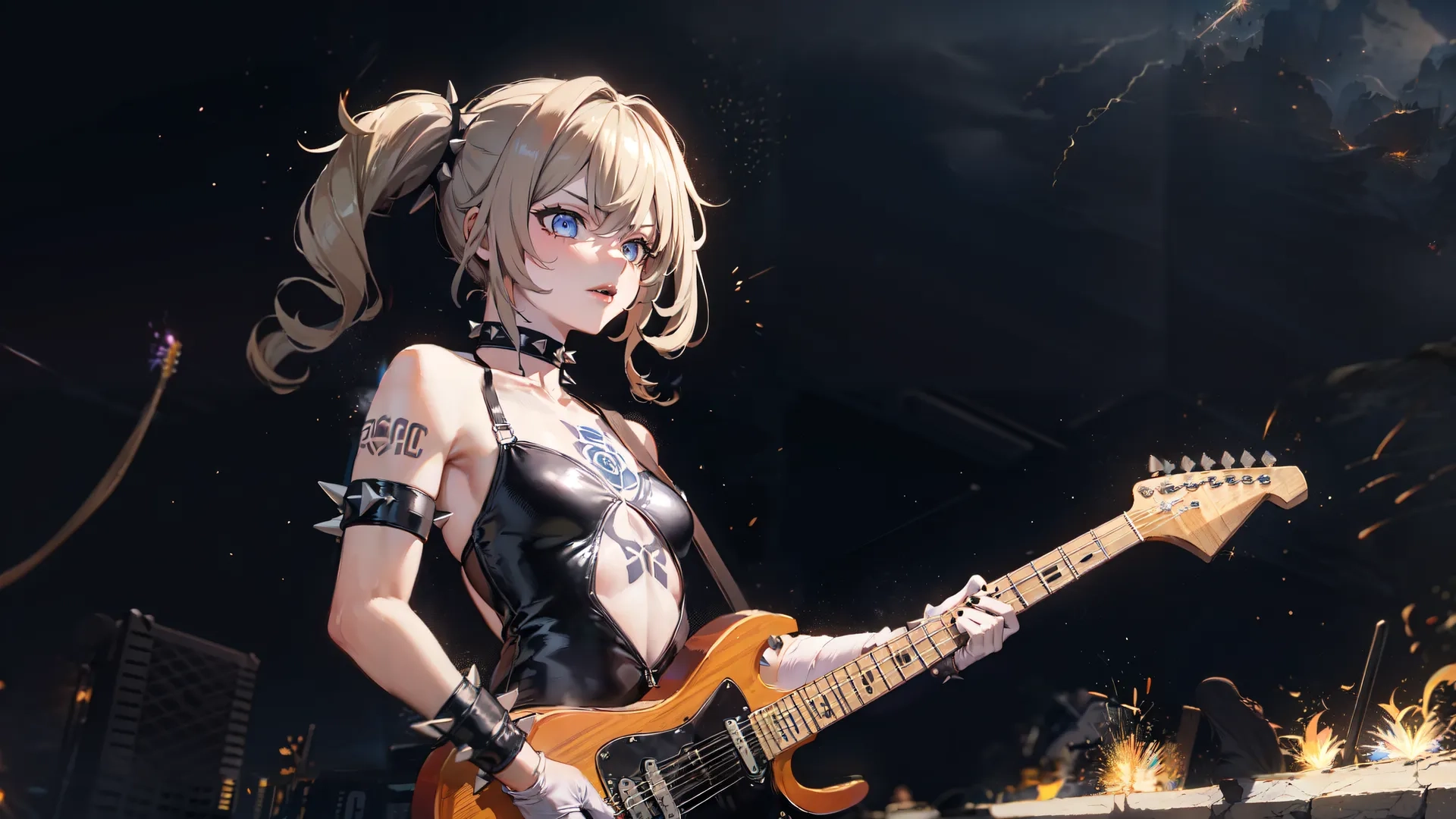 a woman with blonde hair and long ear cuts plays an electric guitar on a city street at night alone, and lots of flames are sprinched about