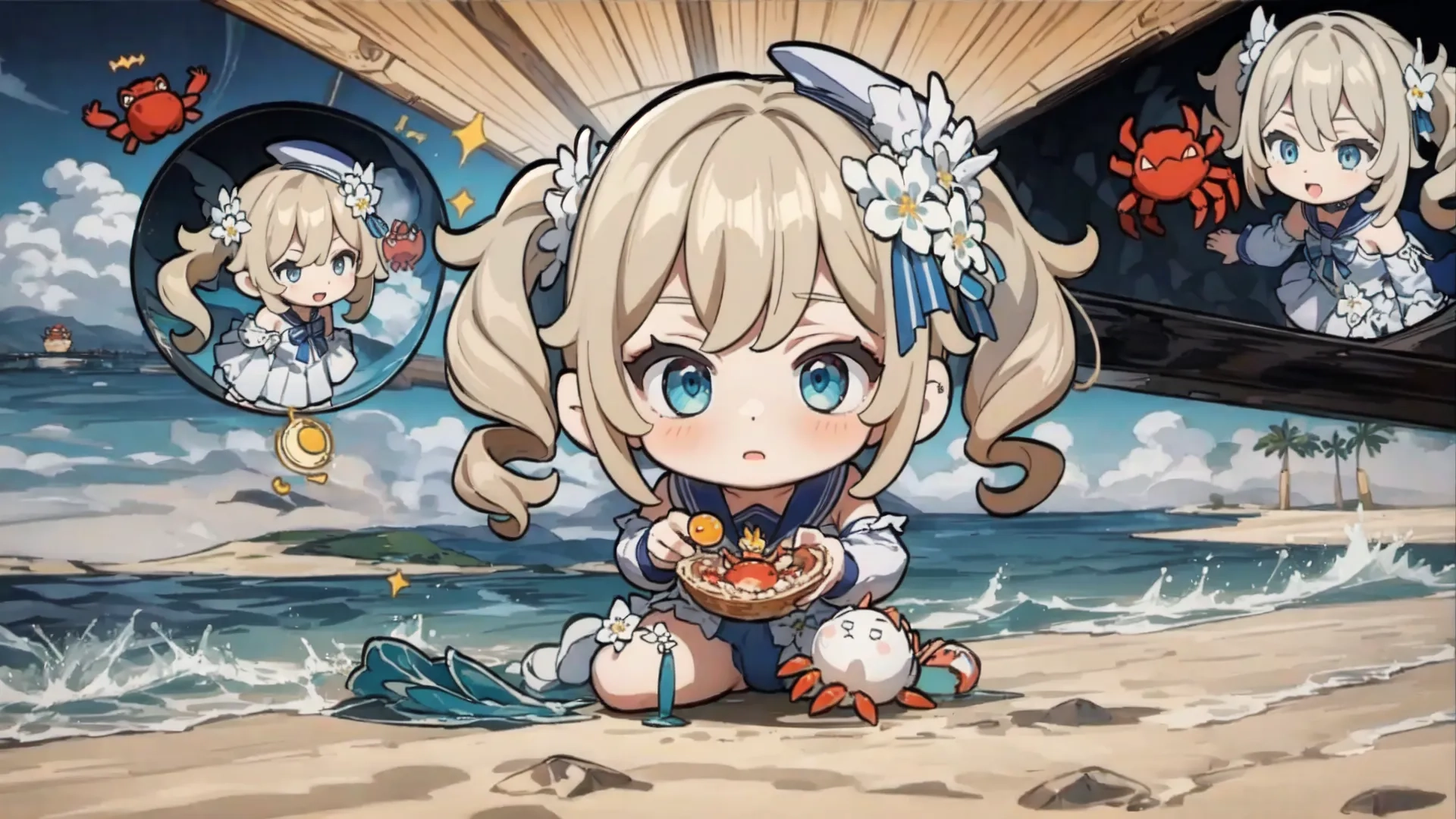a girl sitting in the sand with little crab on her head next to the ocean and people nearby are flying crabs like things coming from a shell