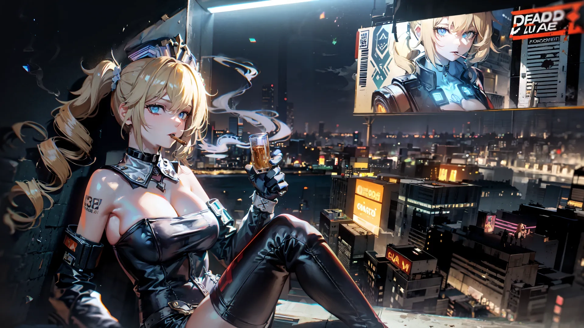 a beautiful woman sitting down on top of a glass wall over a building watching a cityscape tv screen showing anime characters in the background