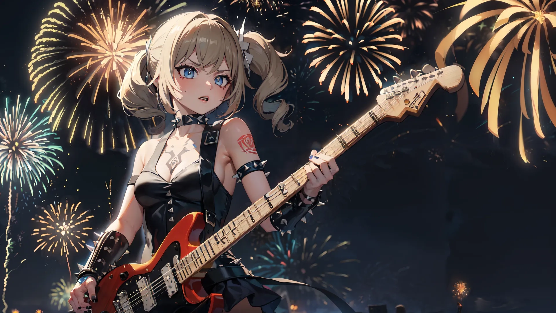 an anime with blonde hair and blue eyes is playing guitar near firework on nighttime sky background area with people and fireworks display in foreground
