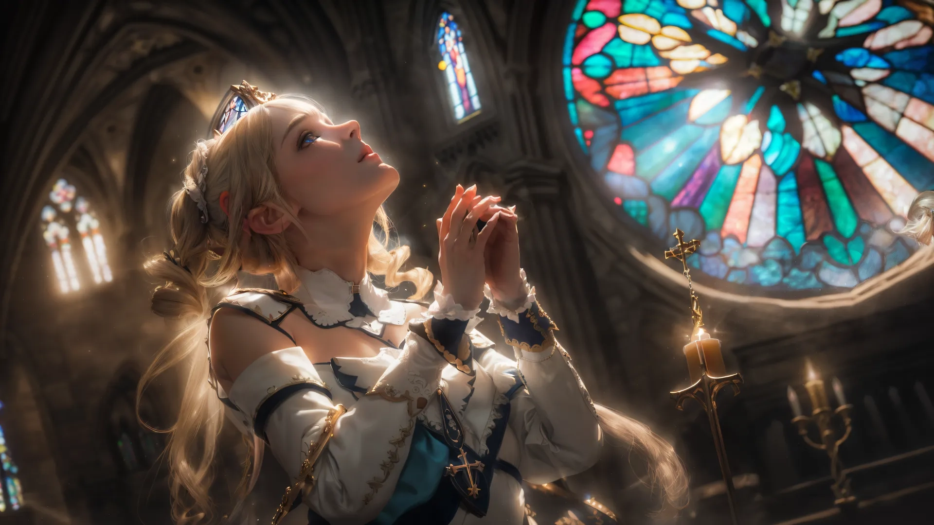 a lady wearing renaissance costumes standing in front of a stained glass cathedral, holding her hands to a candle lantern in one side and looking up
