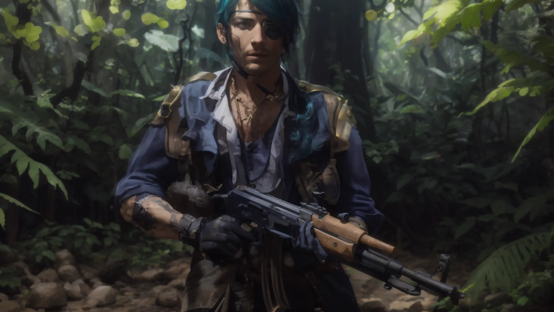 a young man is holding a gun standing in the woods with rocks and plants and bushes behind him and water to his feet as a bird and feet,
