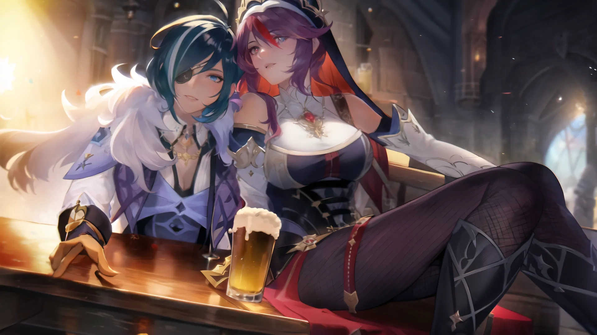 a pair of anime characters with beers on a table with a castle background this image shows two women with long black hair in between them