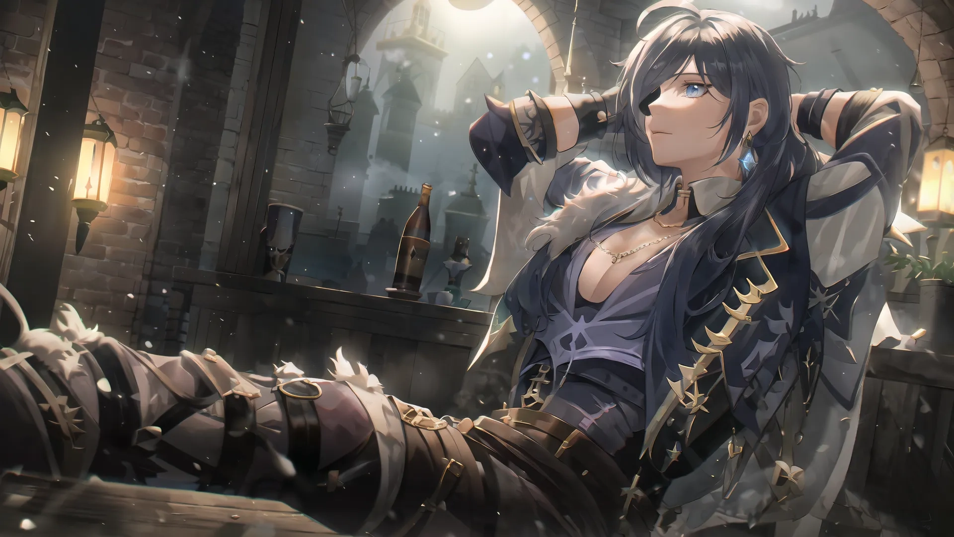 a girl in dark clothes and boots holding scissors in her hand sitting down on some kind of desk with an open window behind her, and snowed window is illuminated room in front
