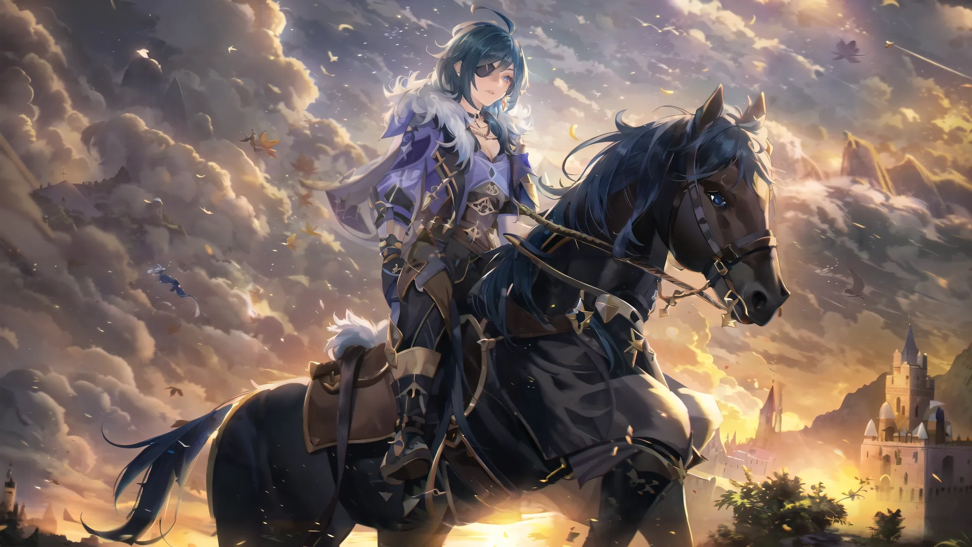 the woman is riding on the horse in the country and the castle behind her has clouds floating over her, just like the sun itself,