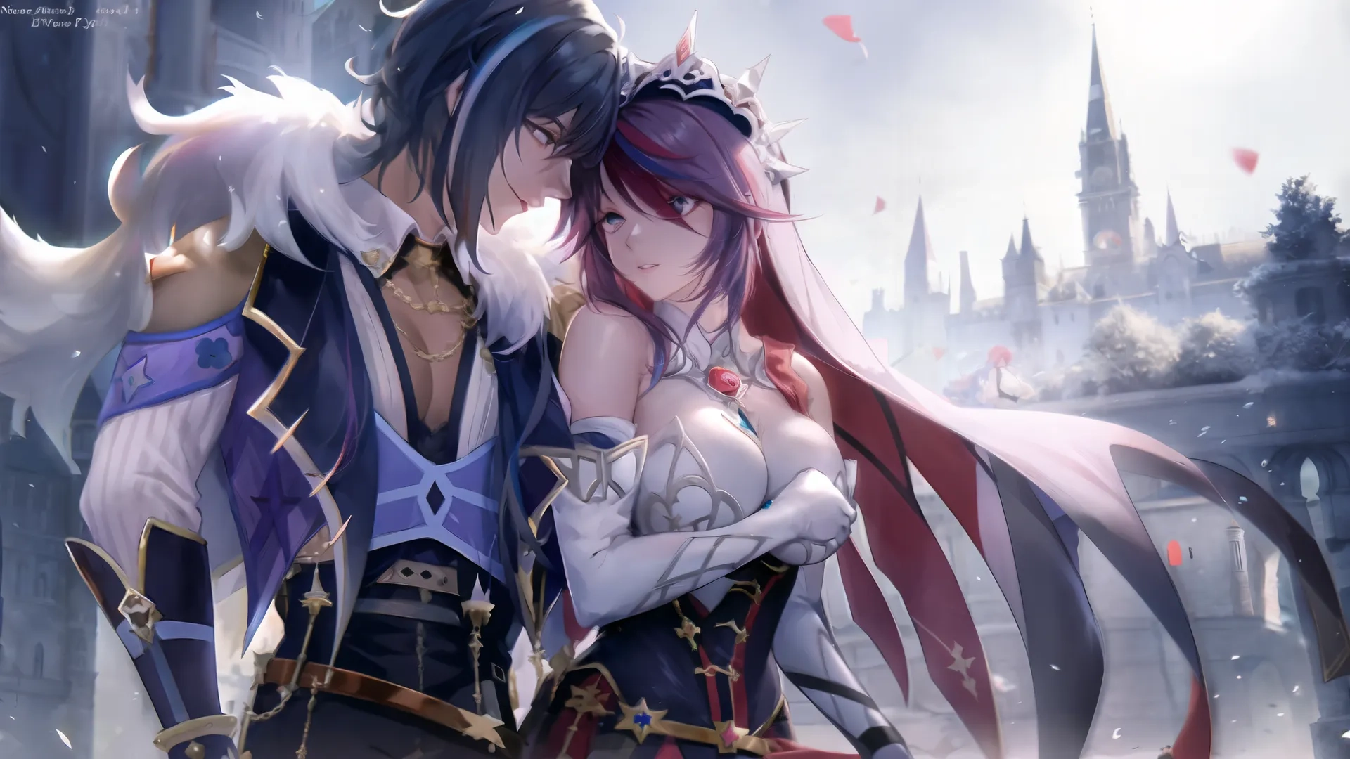 a couple of anime characters standing next to each other on a lush green field above a city and sky with balloons around them by cogs
