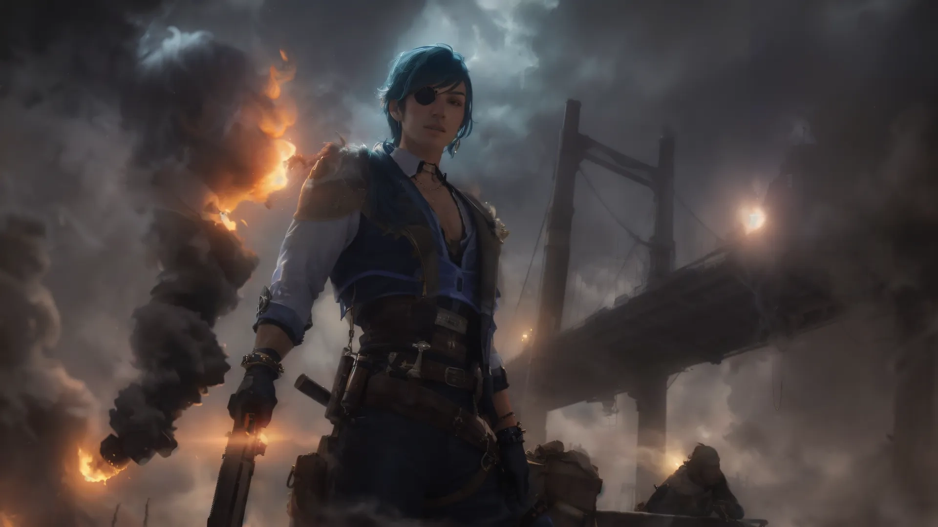 a young man standing on a bridge as the sky is filled by black smoke, holding two pistols and a large pistol in his right hand

