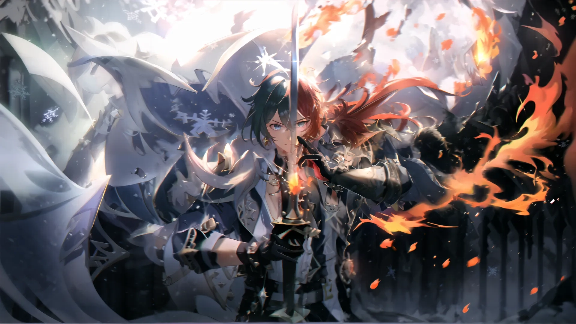 the anime character has fire around her as she stands with the sword to her face with flames coming out of it around her head and a male