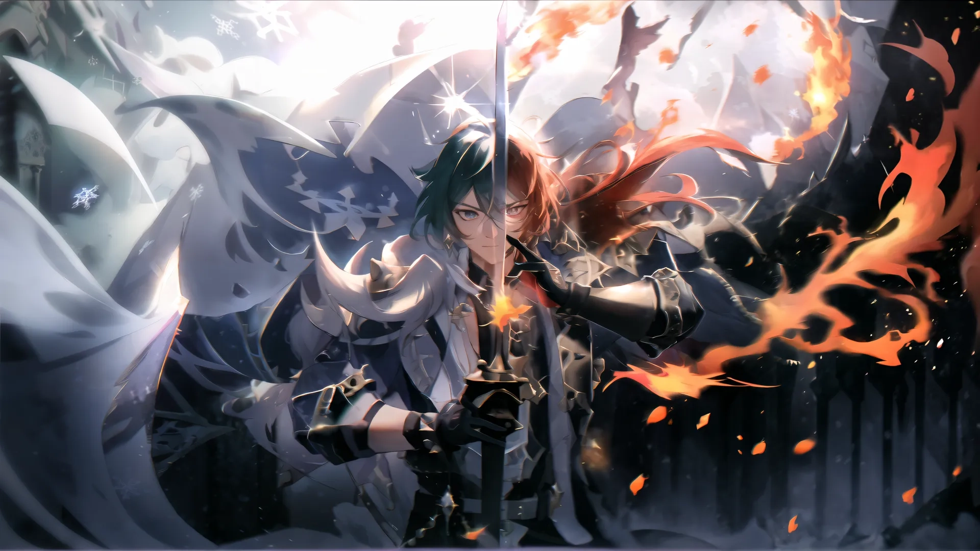 a woman dressed in white holding an elaborate sword with fire all around her and her arm wrapped behind her knees with flames all the way around