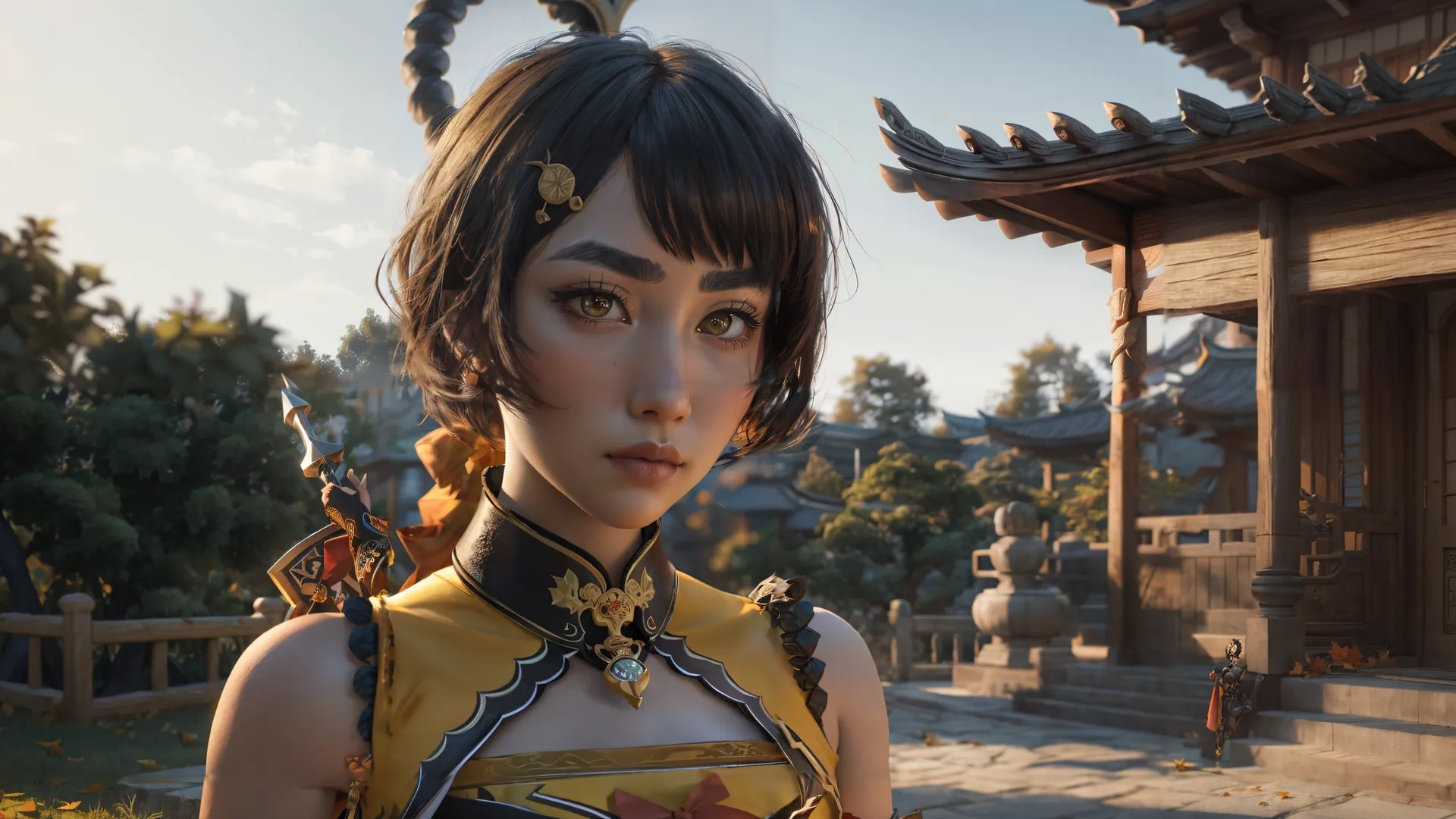an asian female standing in front of a building with lots of trees in the background and a statue in the right shot of the frame