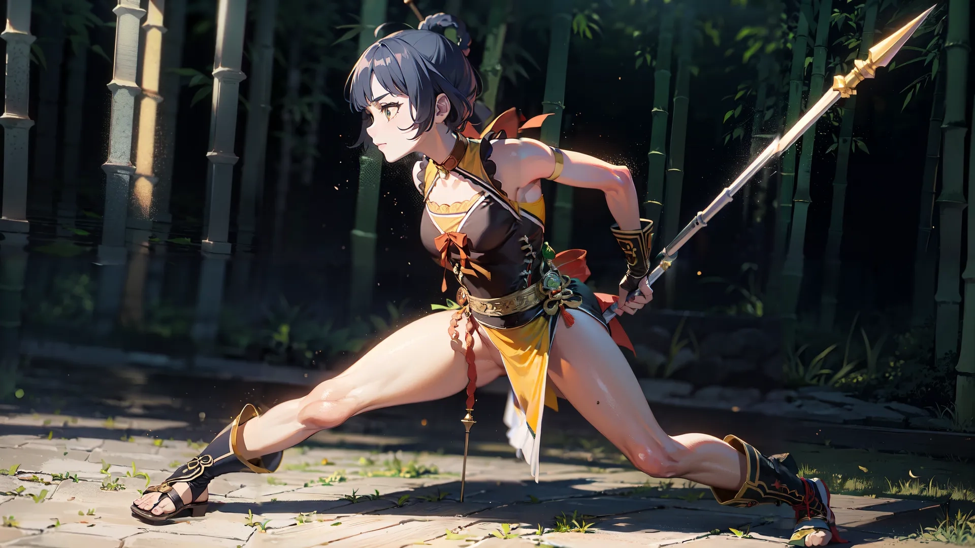 woman with sword posing on brick path by bamboo fence, with shoes on, and hands crossed, on sunny day surface with sunlight shining