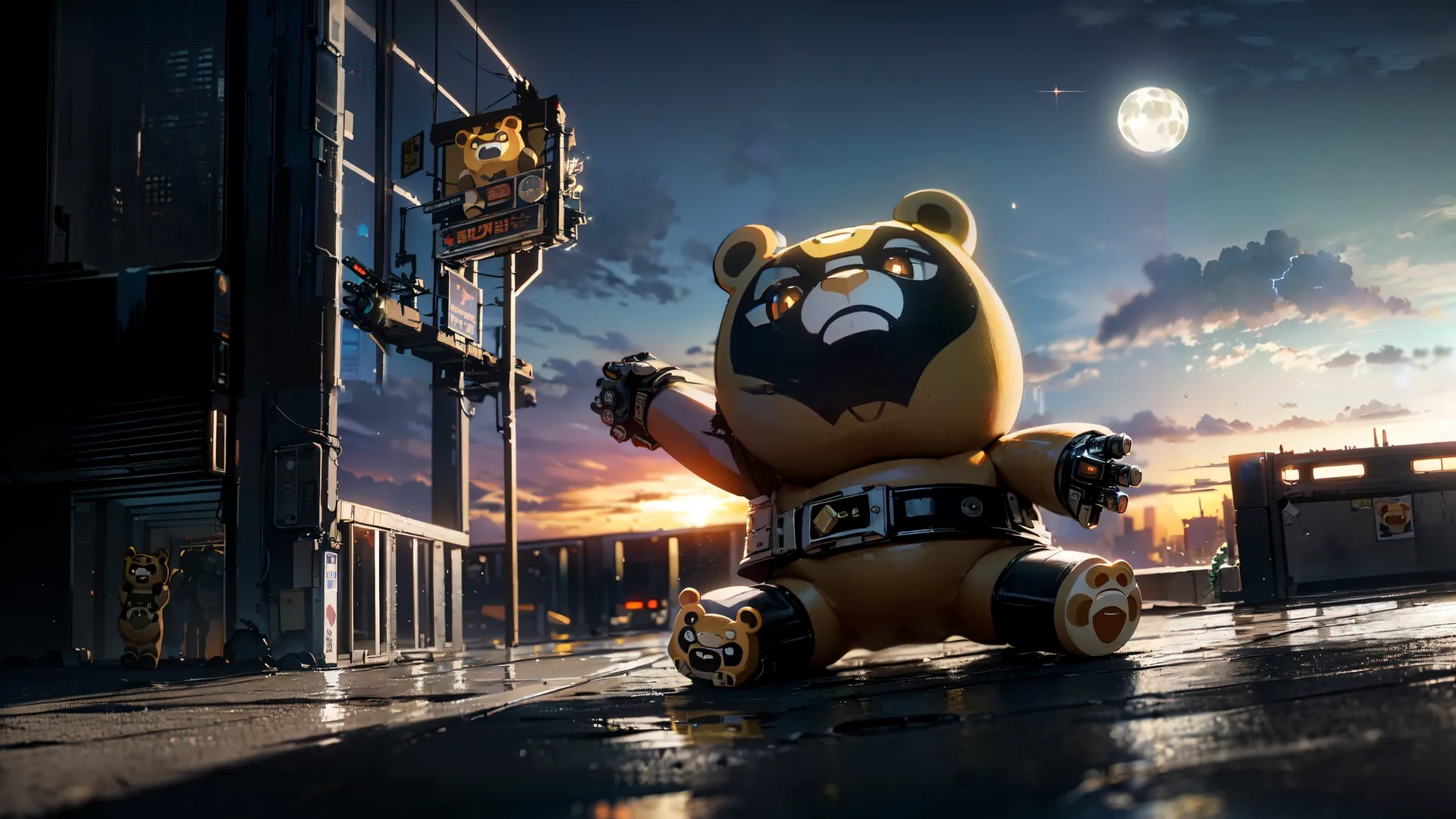 a dog that is on a skateboard in the street at sunset with a large clock tower in the background and clouds overhead in a setting
