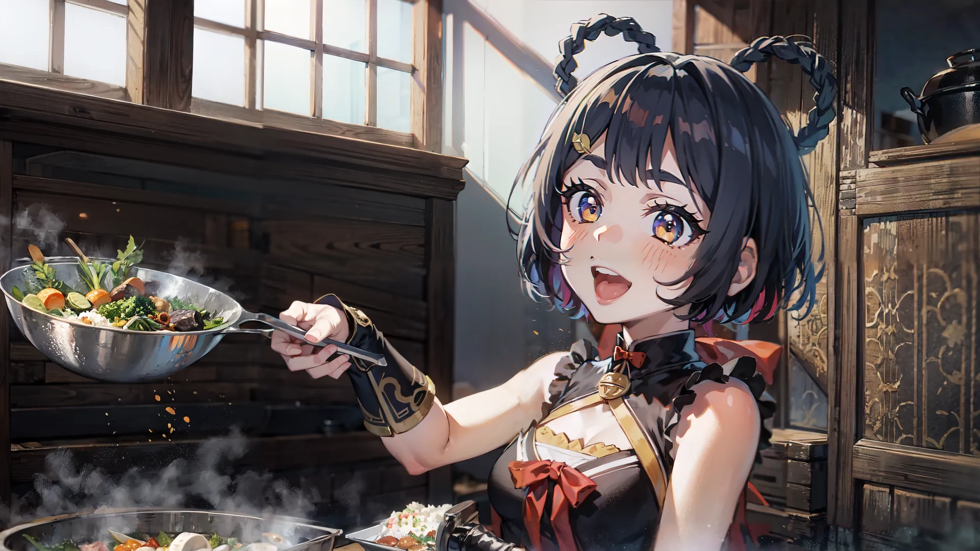 a woman serving food with a spoon that is floating in steam, with a window behind her and a large vase with flowers inside and a door