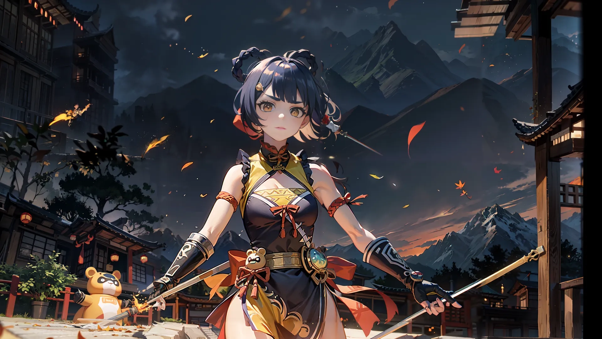 a anime girl with long hair holding two swords is standing in a courtyard, and she has both of her legs on her knees, and wears high heels, and shorts and is wearing a brown