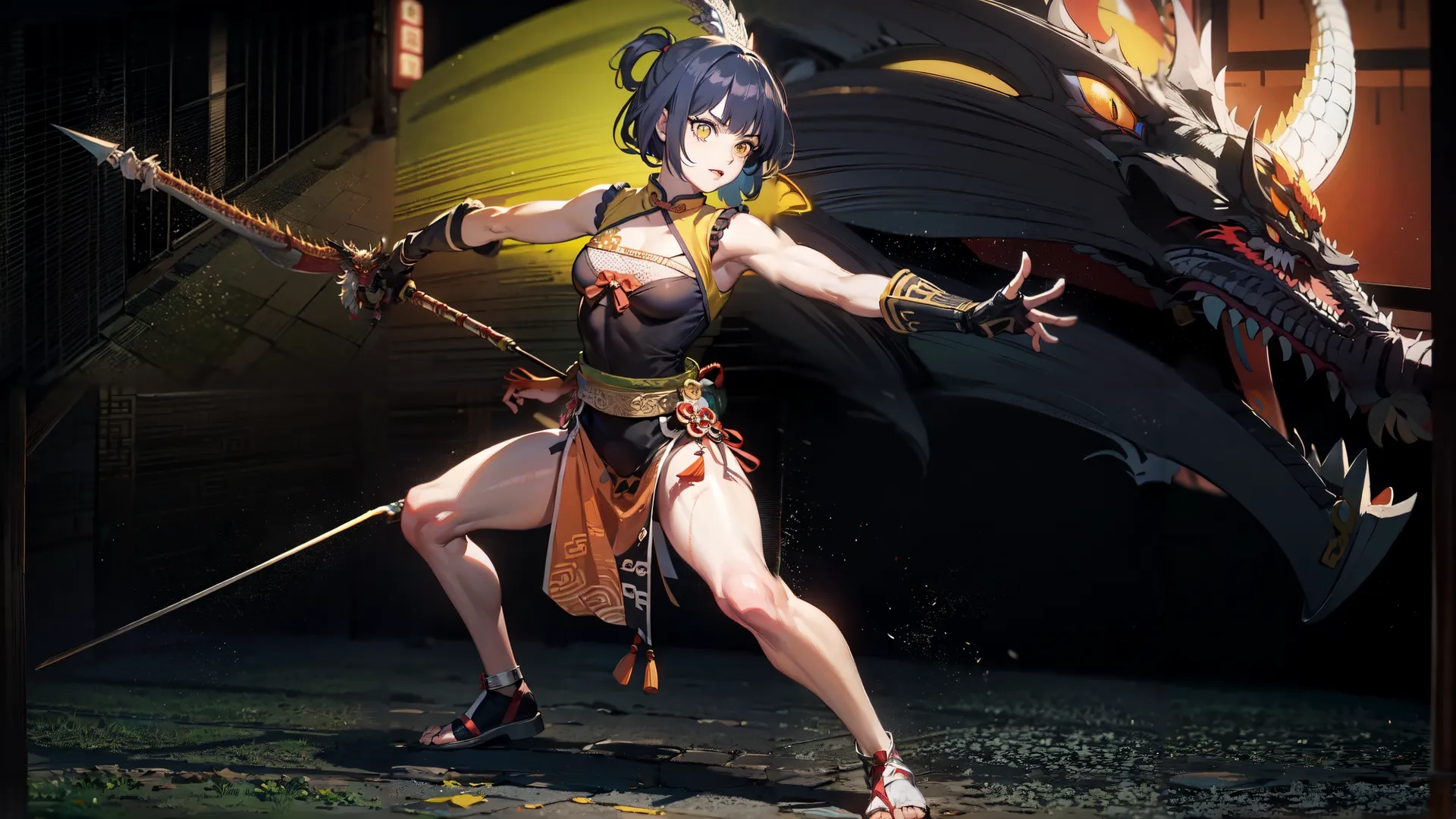 a woman in costume holding an umbrella on her head with two swords on one arm and a dragon on the other end of a wall
