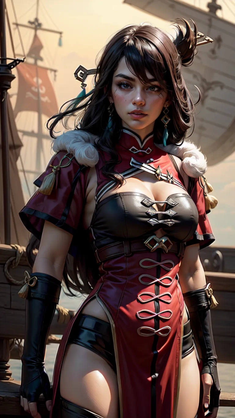 a woman dressed in costume stands next to a boat by some water and holding onto a sword and knife by her waist line while a bird perching it and a chain