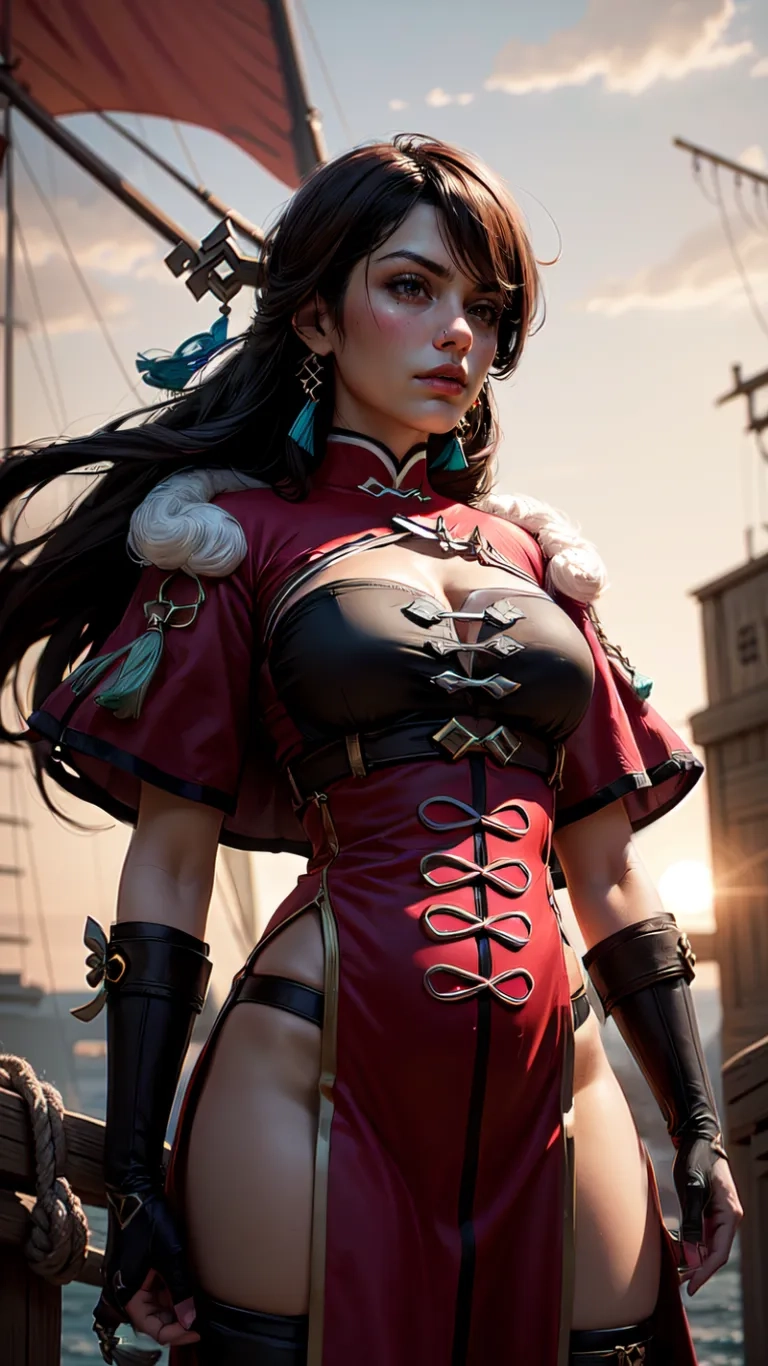 a woman dressed in medieval clothing posing for a picture, on ships around the world with a sunset background and clouds above her at sunset
