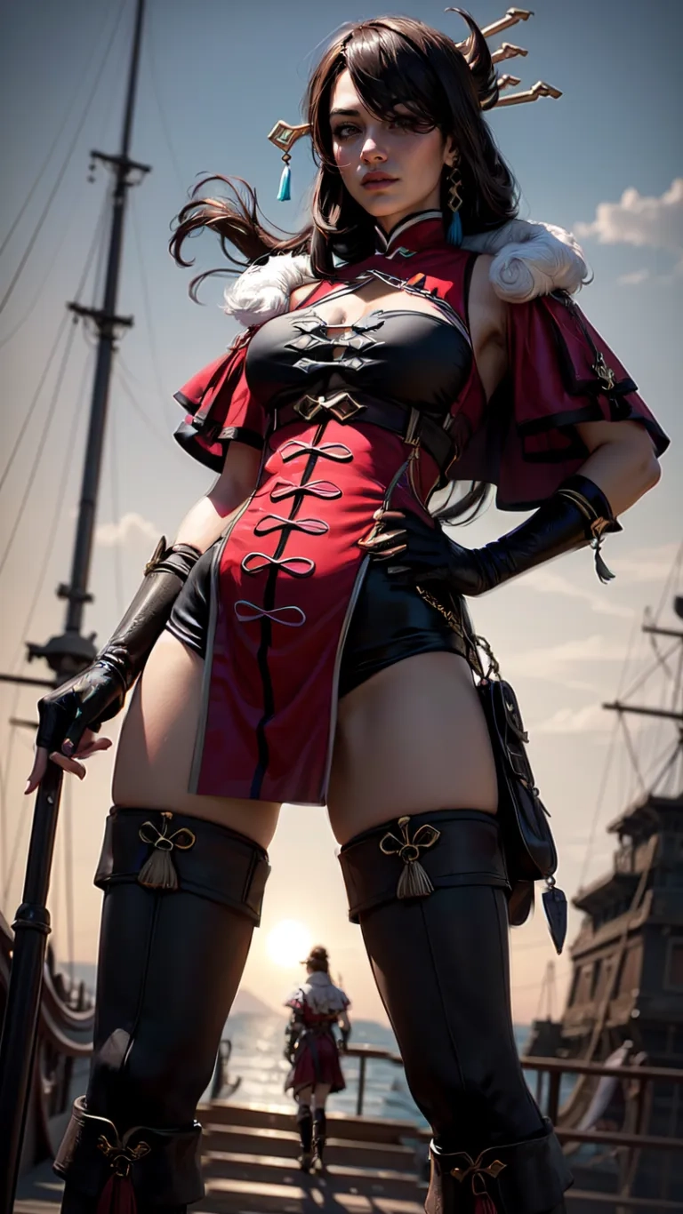 an animated image of a woman dressed in leather and armor with bows on her head, and weapons in front of people on the back ground