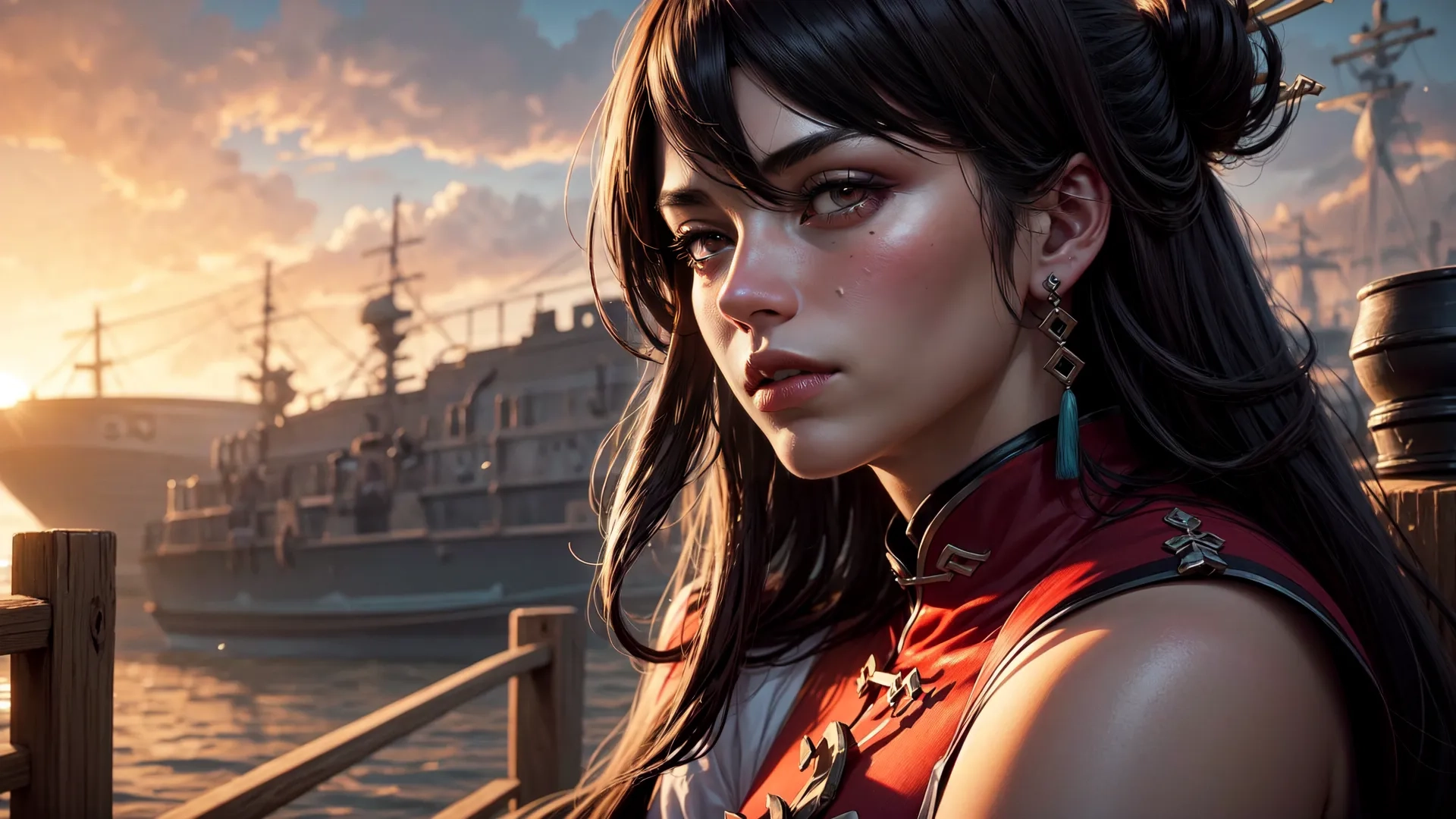a woman with her eyes closed near a boat at sunset, a lady is wearing an elaborate red top and a short ponytail is standing over her shoulders crossed
