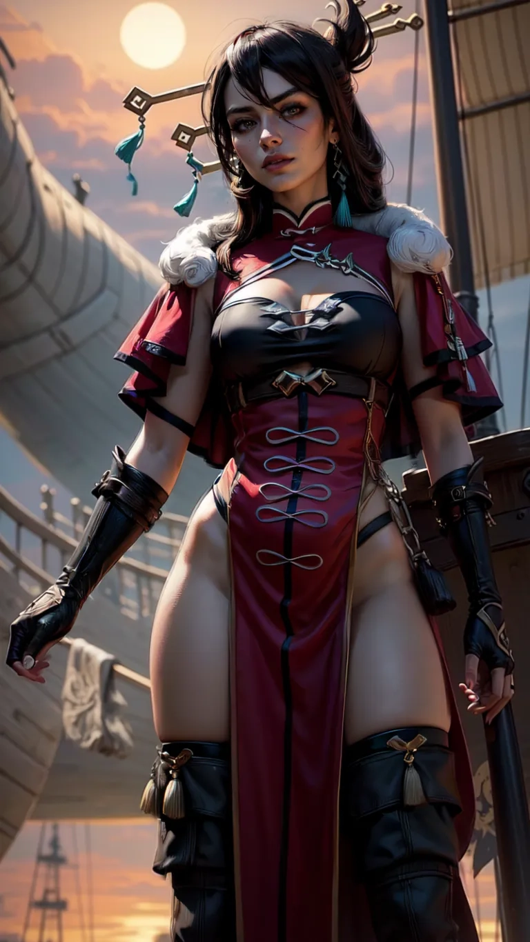 an image of a woman wearing armor on a boat with a sword and dagger in her hand posing for a photograph with the sun behind
