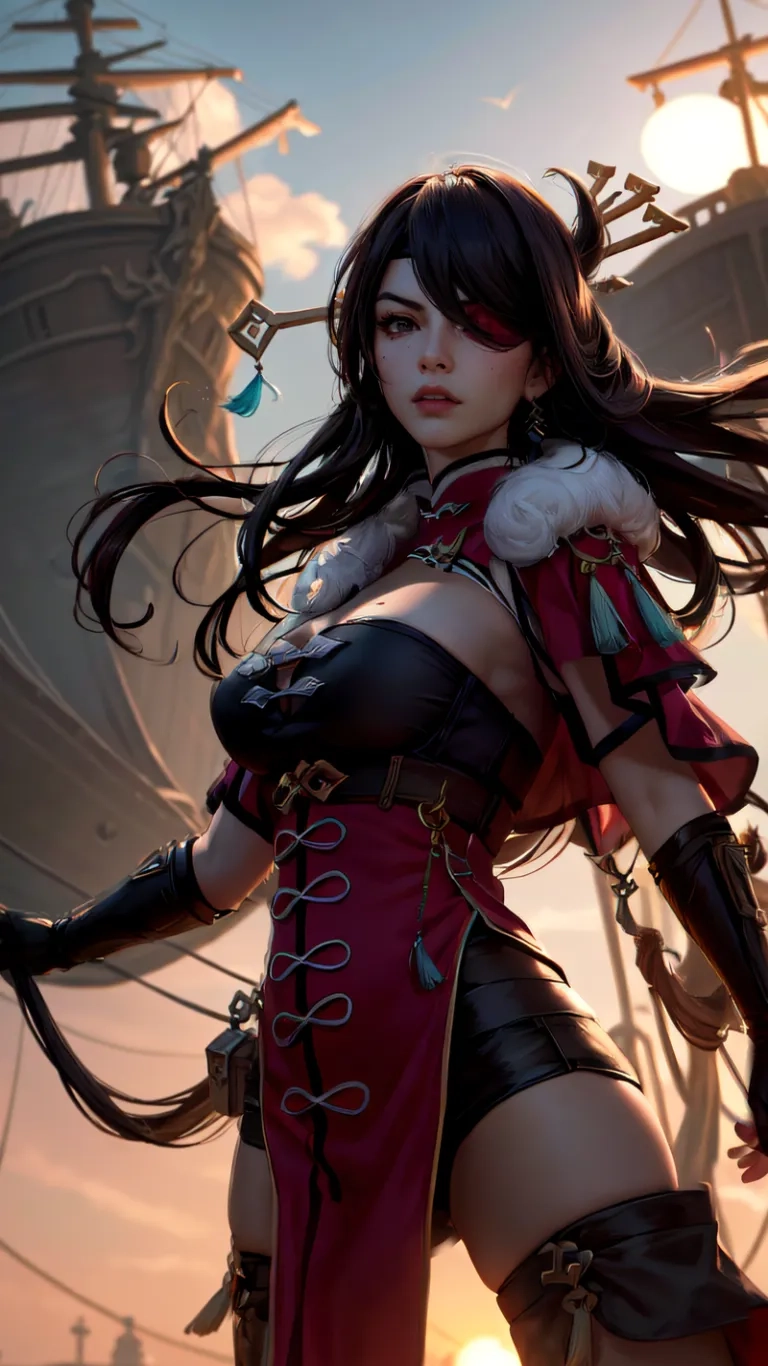 a female with long hair is in front of some buildings, with her hands on her hips and face closed, holding a swordd
