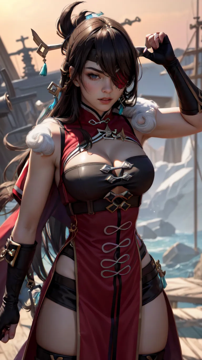 someone is standing by a ship with some guns on their hands and one is dressed in red and black clothing that looks like an anime
