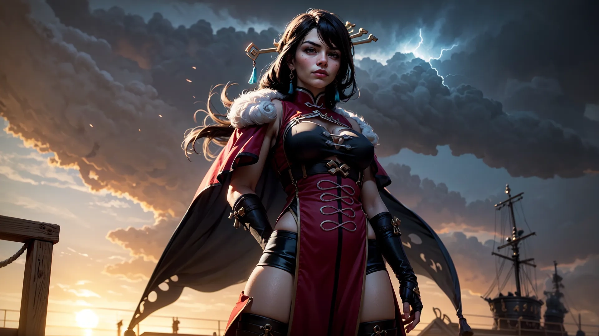 a woman in a very sexy vampire costume posing on a dock near a ship with a cape and wings near by her hands and there is the sunlight
