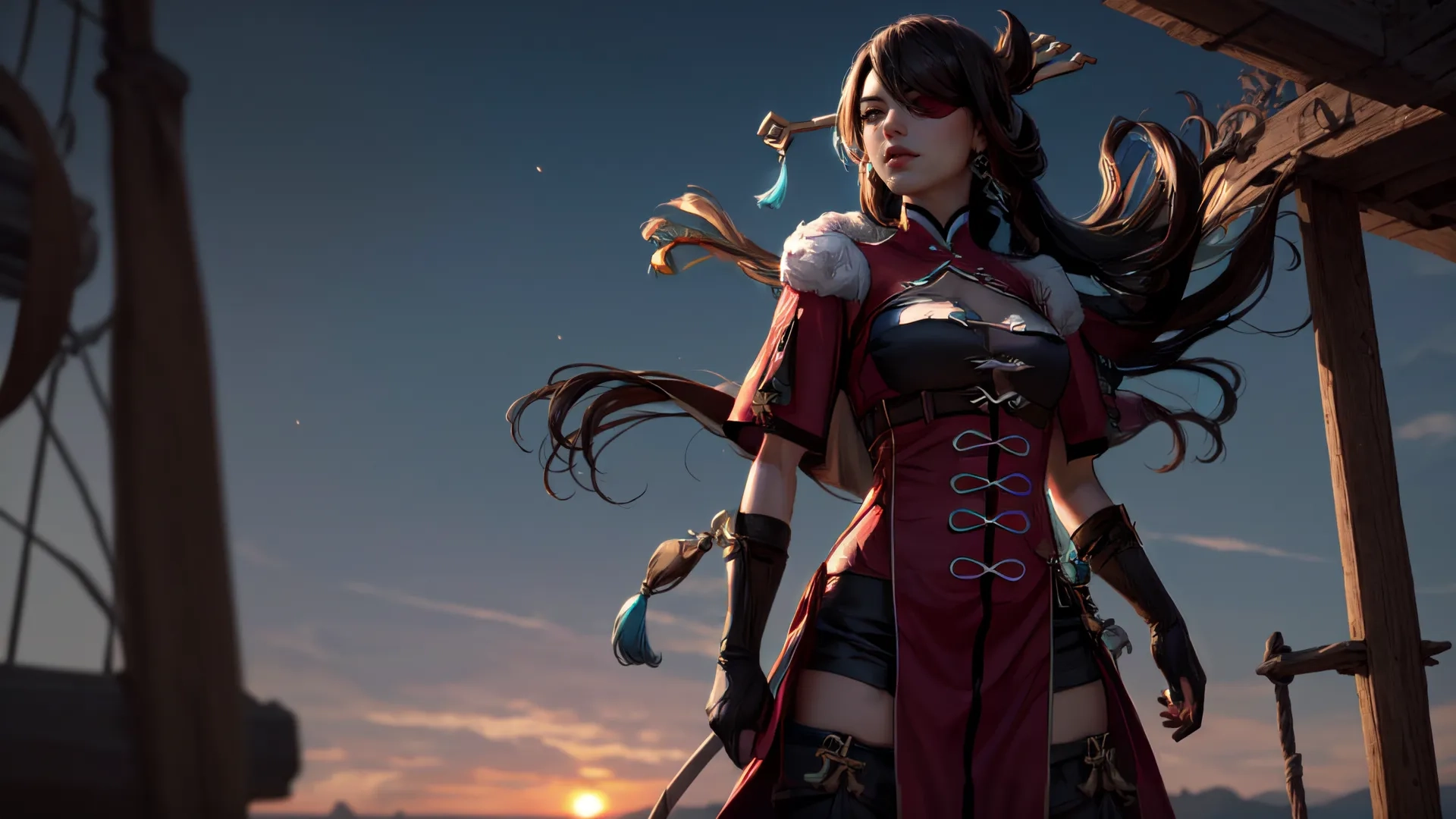 a scene in the game, showing an image of a girl with a sword and glasses on her breasts and some kind of armour on a ship