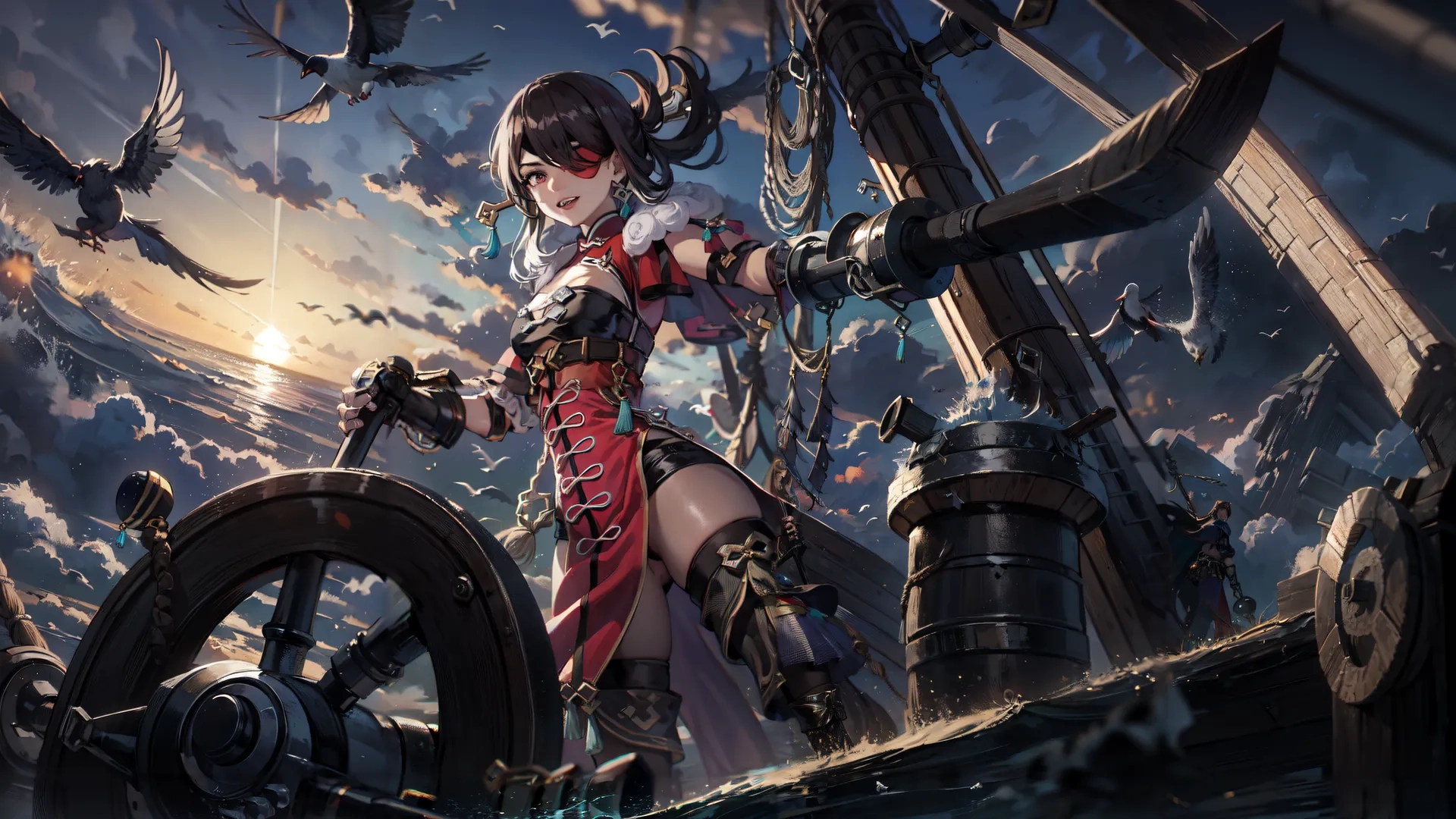 a woman dressed like a sailor on a ship with birds overhead in this picture is an illustration of the character from the old anime book