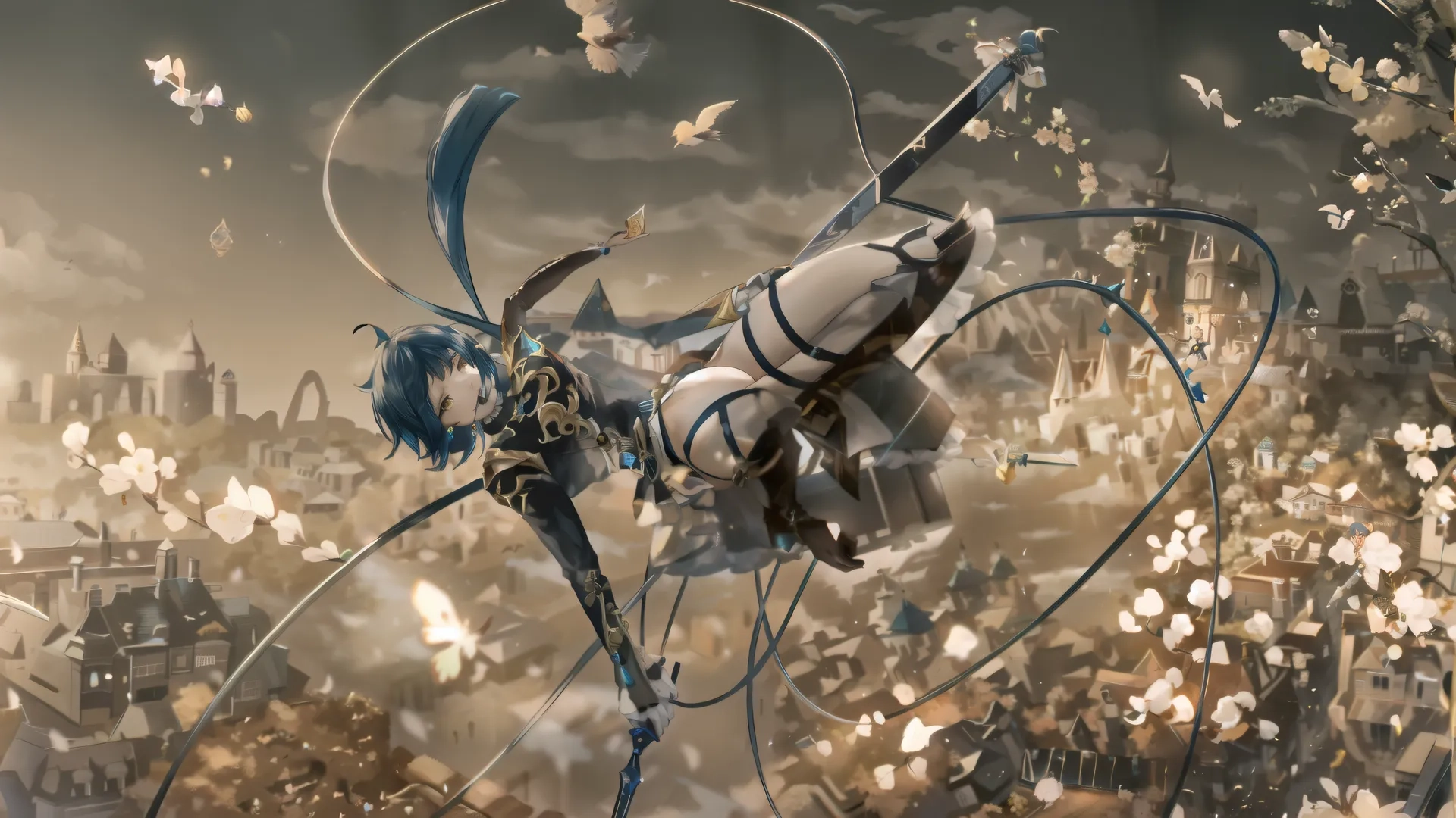 blue - eyed anime girl and a giant knife amongst flying birds, a cityscape in the background and a bunch of birdy clouds