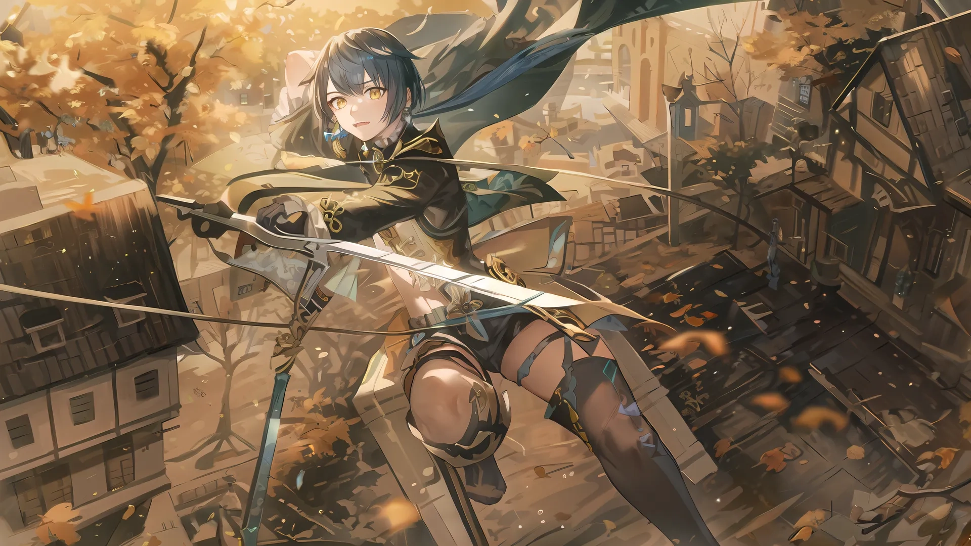 a woman in black holding a sword on top of a high rise building and falling leaves around the area surrounding her that are falling leaves