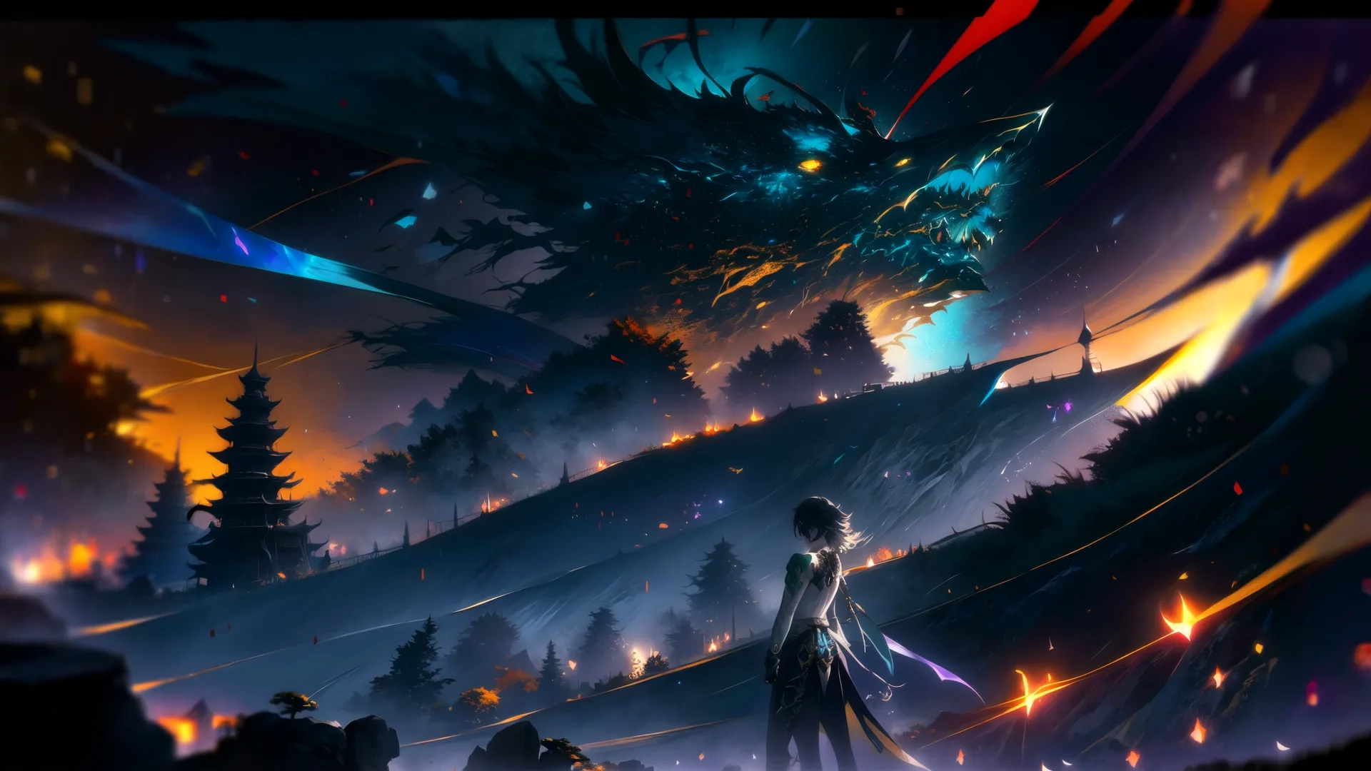 the anime is set up on a hillside with flames coming from the trees in the distance, while a dragon is coming toward her head in the distance