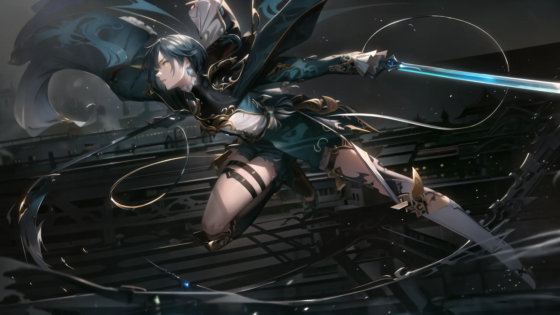 a woman in high sci - fiction holding a large blue sword with fire spewing from her hand and two fists on her chest
