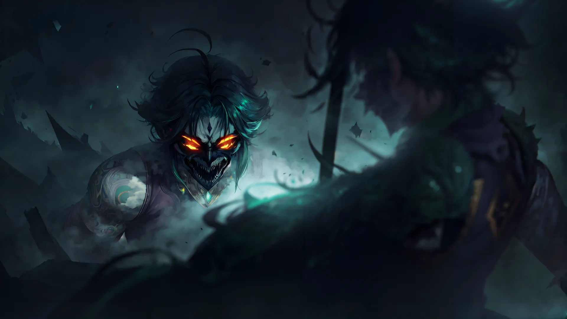 two evil men standing in the darkness with their hands on an orange glow light above them is another man dressed like zombie like creature holding a sword
