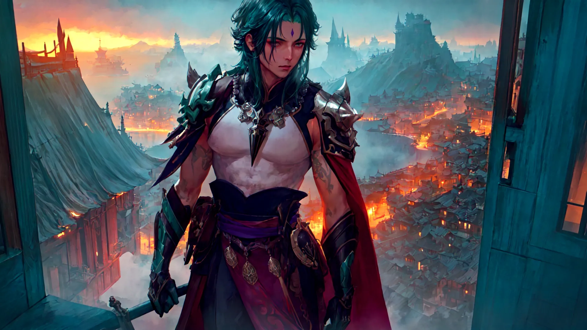 a man with green hair in a scene from a video game, the legend wears a colorful outfit with armor, and holds a sword for a flame on a city and is a city