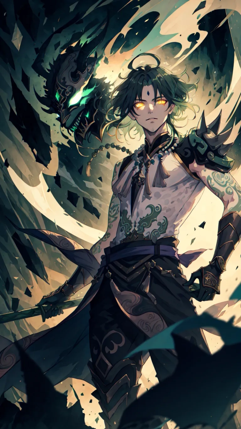 the woman is holding her sword with both hands in one direction and a big green eye on their side, over a broken background with black rocks, surrounded by feathers