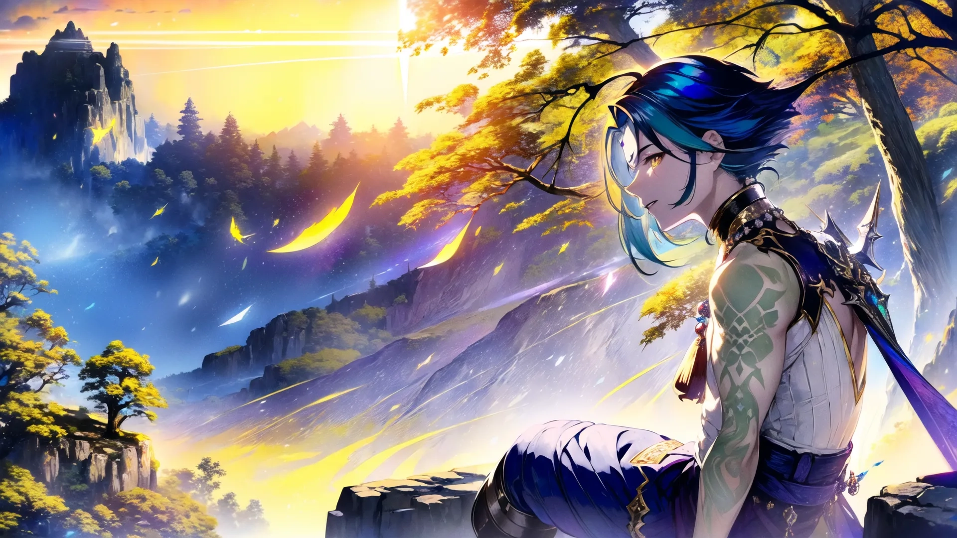 a person next to a dog in a field by trees and mountains with glowing lights on the horizon behind them and two people on land below with water