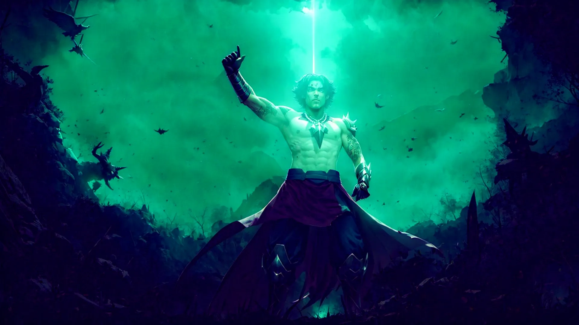 an image of a man with a sword standing in a dark cave with other people holding bats and bats above his head, on an island
