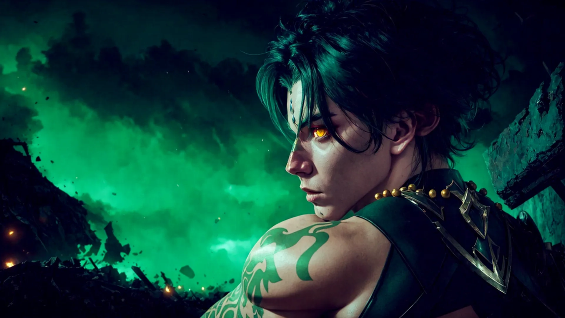 the female villain of the dc universe poses with her muscles tattooed and golden eyes glowing through the green fogy sky behind her is a dark building
