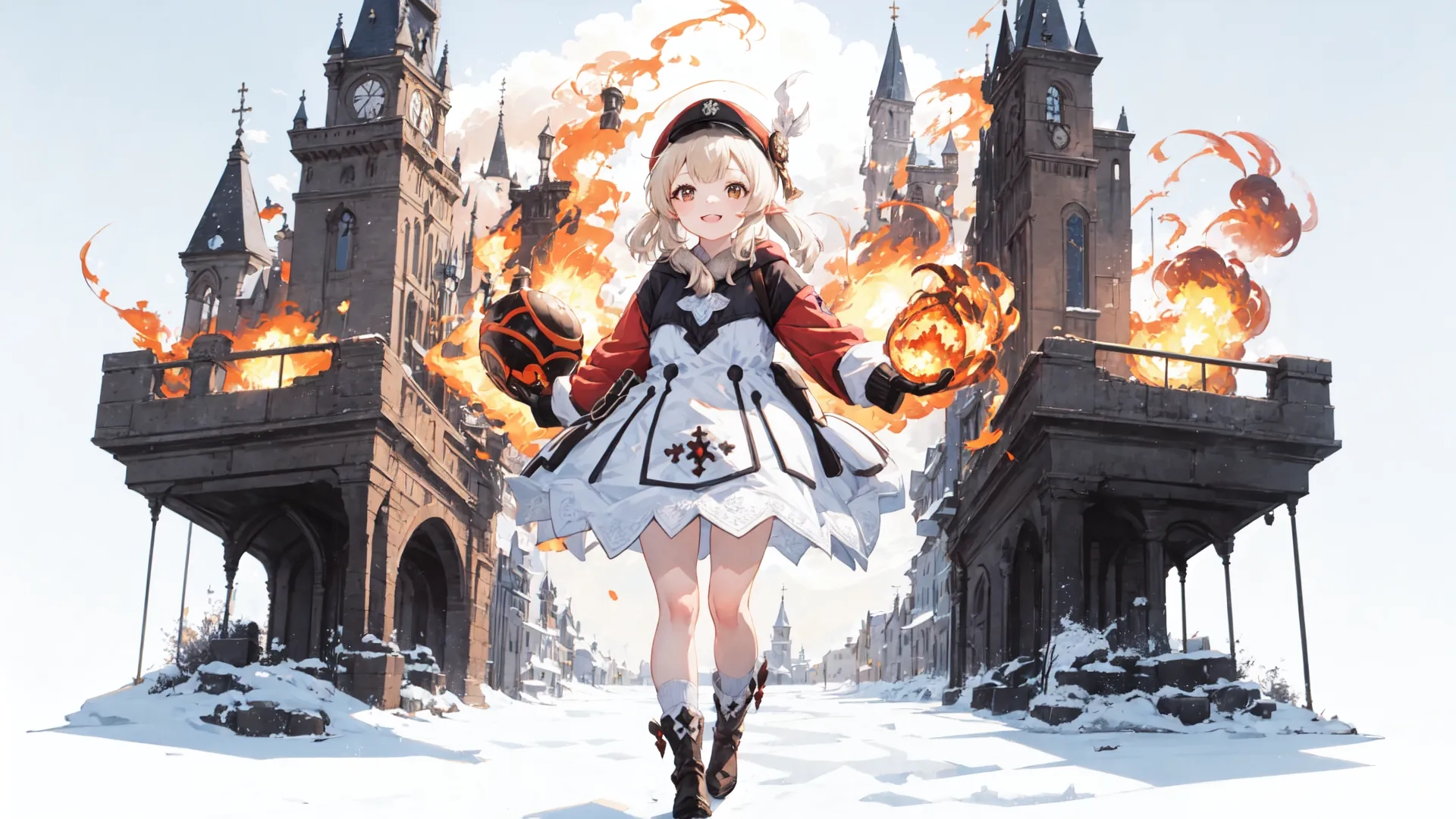 a woman that is in the snow with her arms in her pockets and legs crossed and a castle at the back with fire coming out