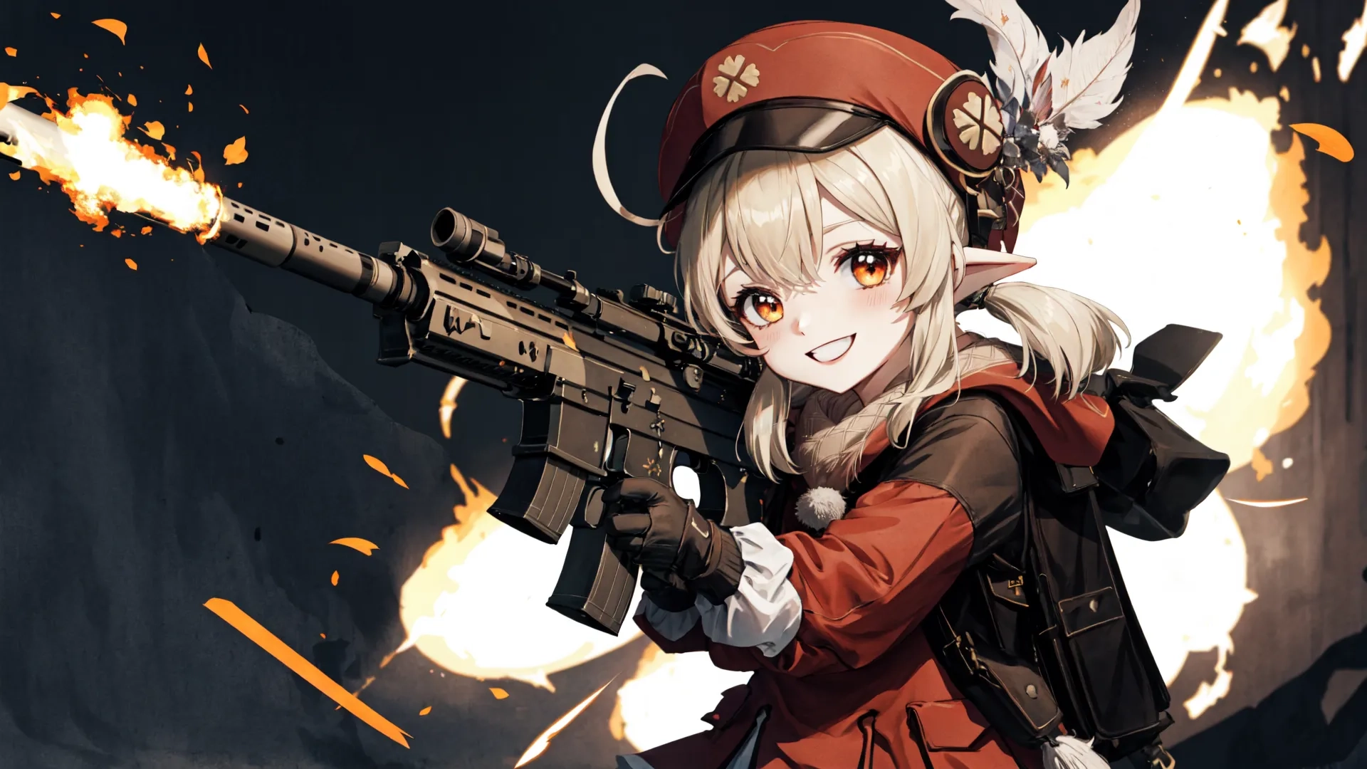 this is a girl dressed in costume with guns in her right hand and another girl holding a gun and head on the other hand, at her left