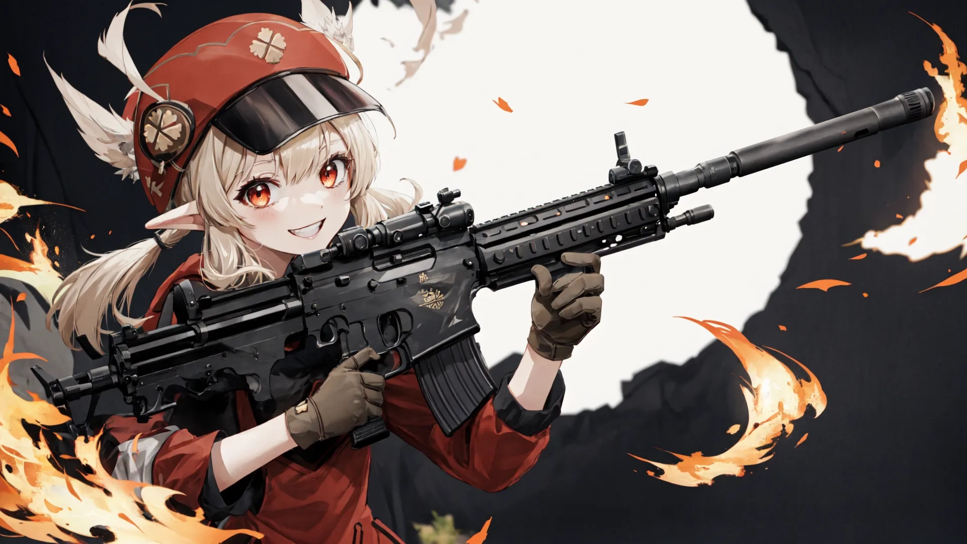 girl holding an electric weapon with fire burning in the background her eye - like glasses are not visible, too much of her left eye