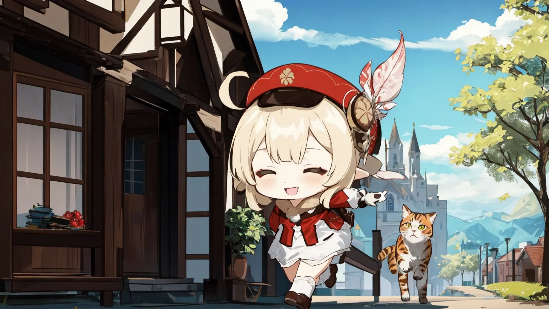 a girl in a red uniform with her headband up and cat on her shoulder is holding the tail of the one in front of her head