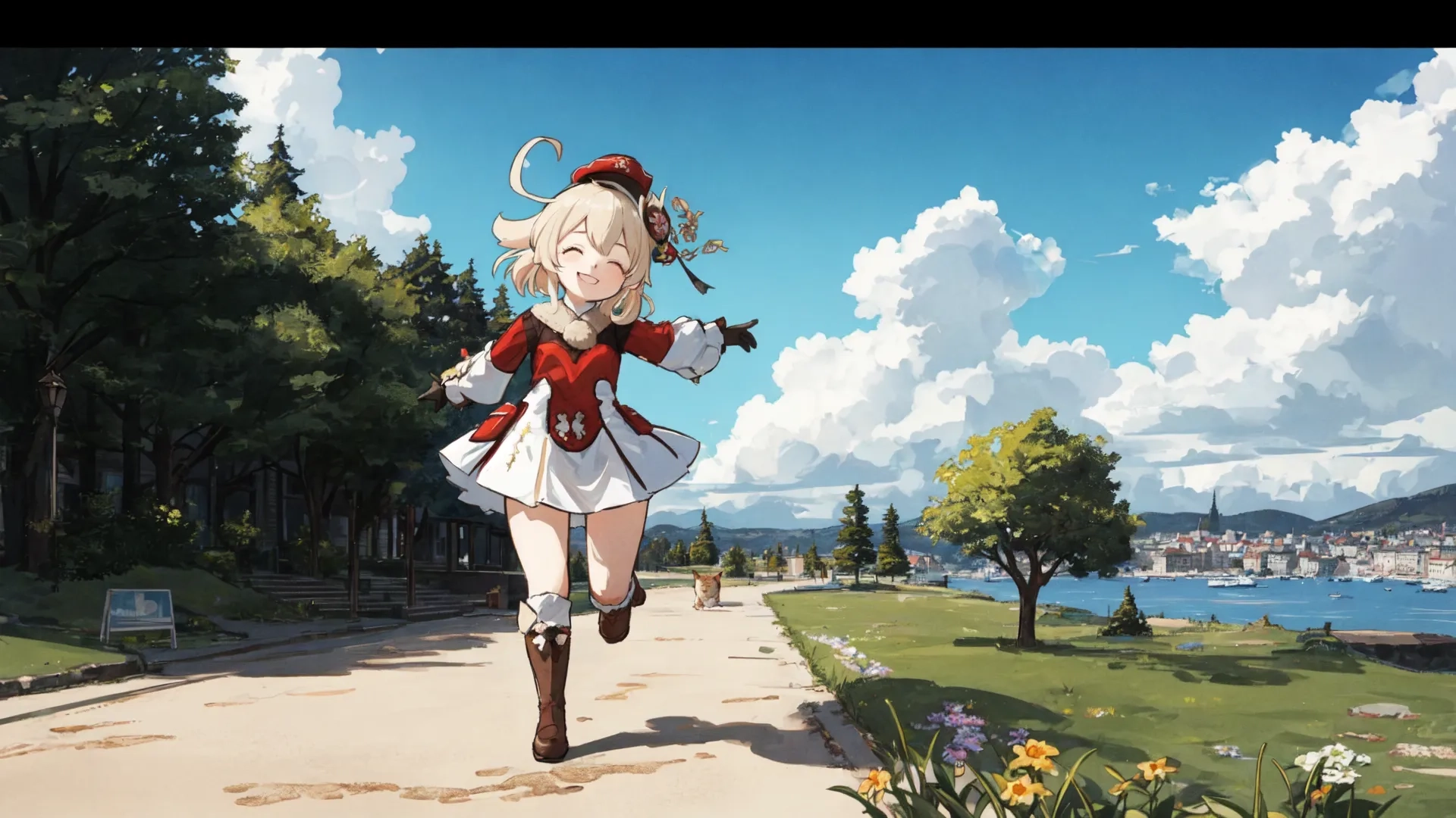 a person that is running through the dirt by water and some grass and a hill behind them with a cat on either side and blue sky