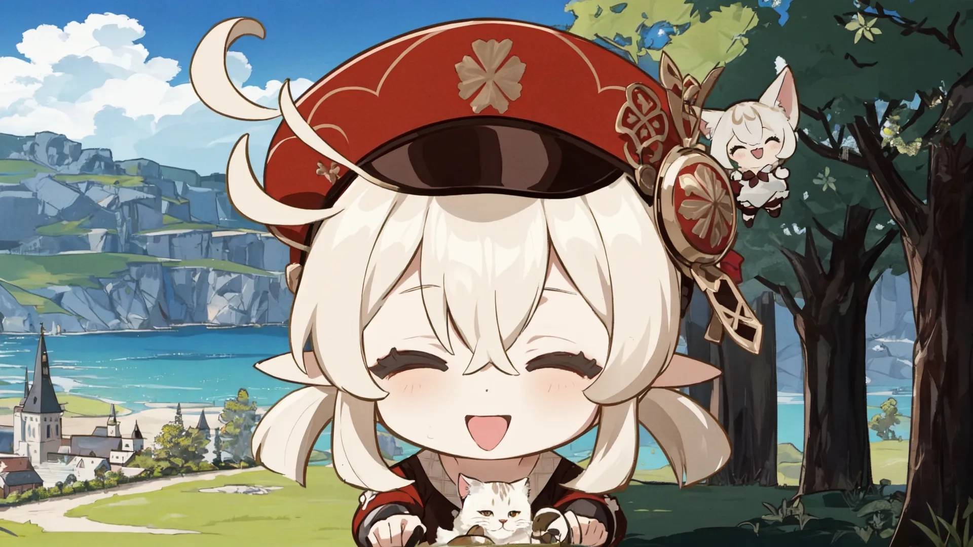 an anime woman wearing red caps, sitting with her arm around a white cat by some trees and a body in the distance is blue water