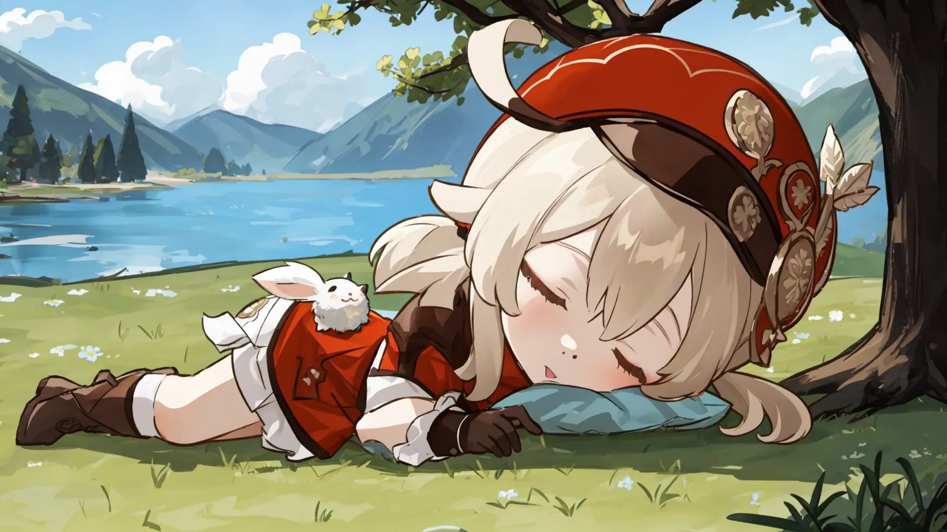 a woman in a helmet and a rabbit laying next to a tree under a large tree with mountains in the background and lake and grass in front
