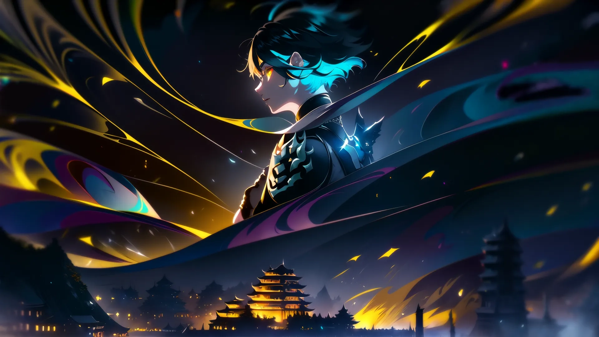 a man looking down at the floor surrounded by trees, which are covered by colorful art and lighting devices, and a castle in the background, surrounded by the water and illuminated clouds
