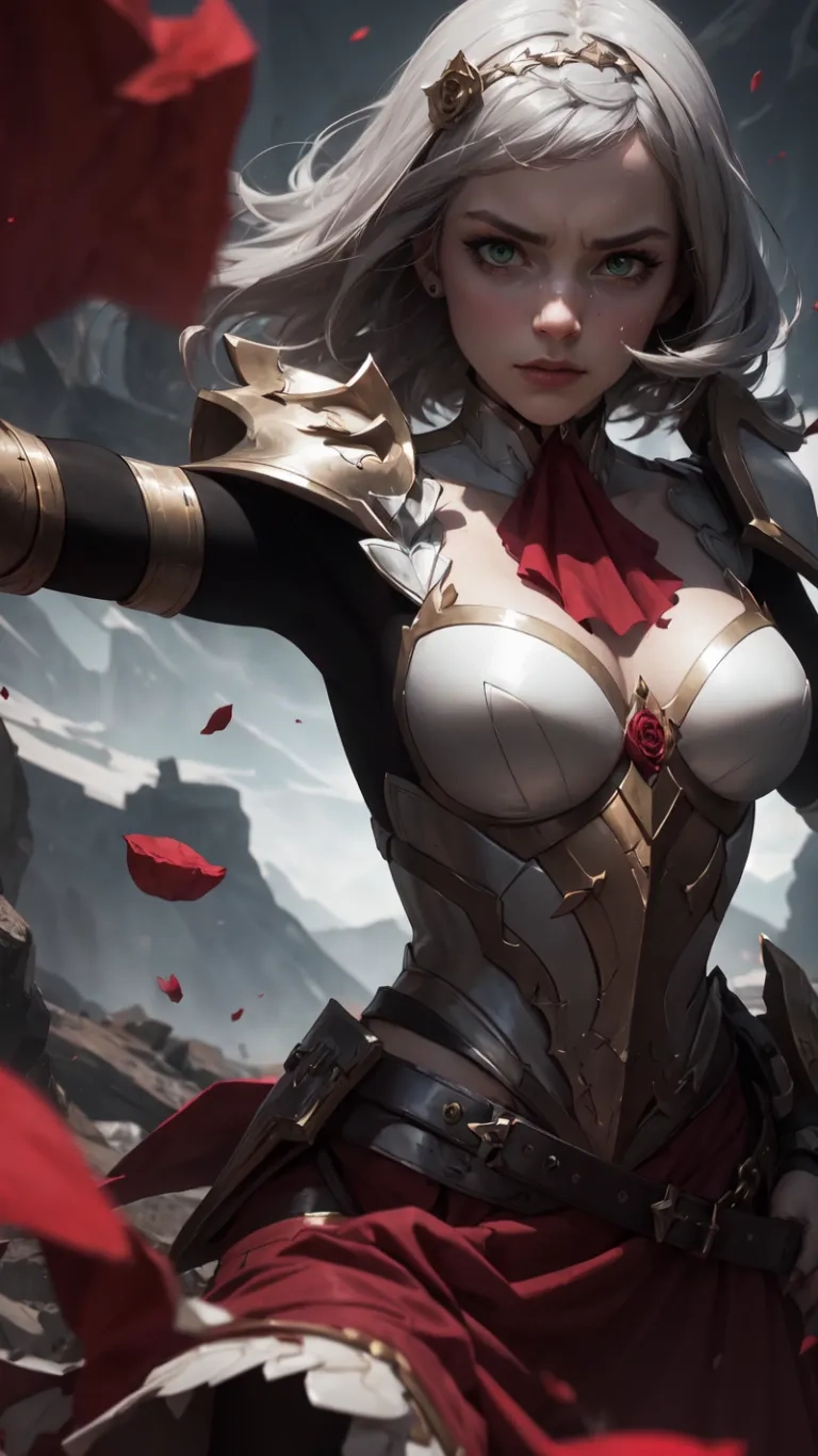 female with armor and sword coming out from behind her body, while petals fall around her body and head down below her shoulders in this picture
