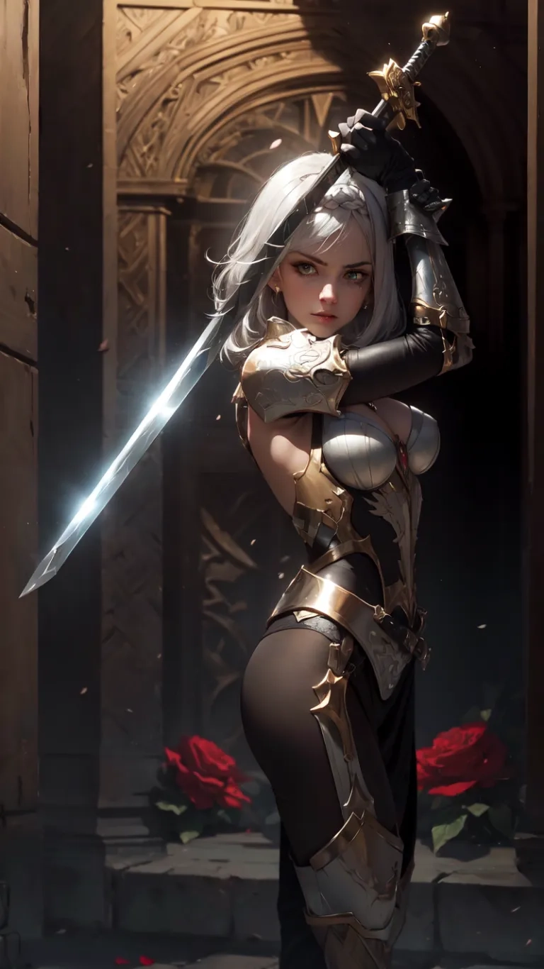 woman with sword poses for a photo posing in armor suit and boots and holding a large sword in a stone covered doorway in 3d image
